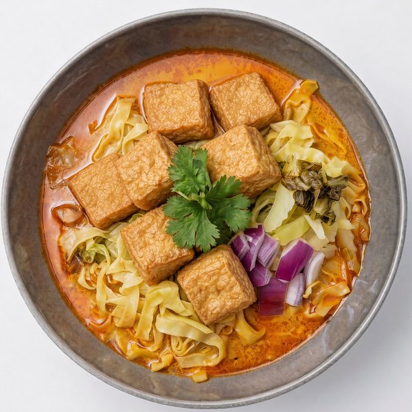 Bowl of khao soi with fried tofu, egg noodles, red onion and coriander